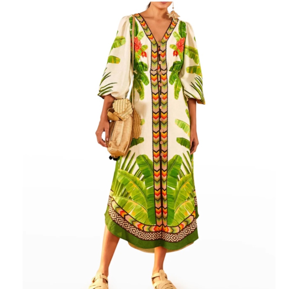 NWT $275 Farm Rio Fresh Forest Puff-Sleeve Midi Dress in Small!